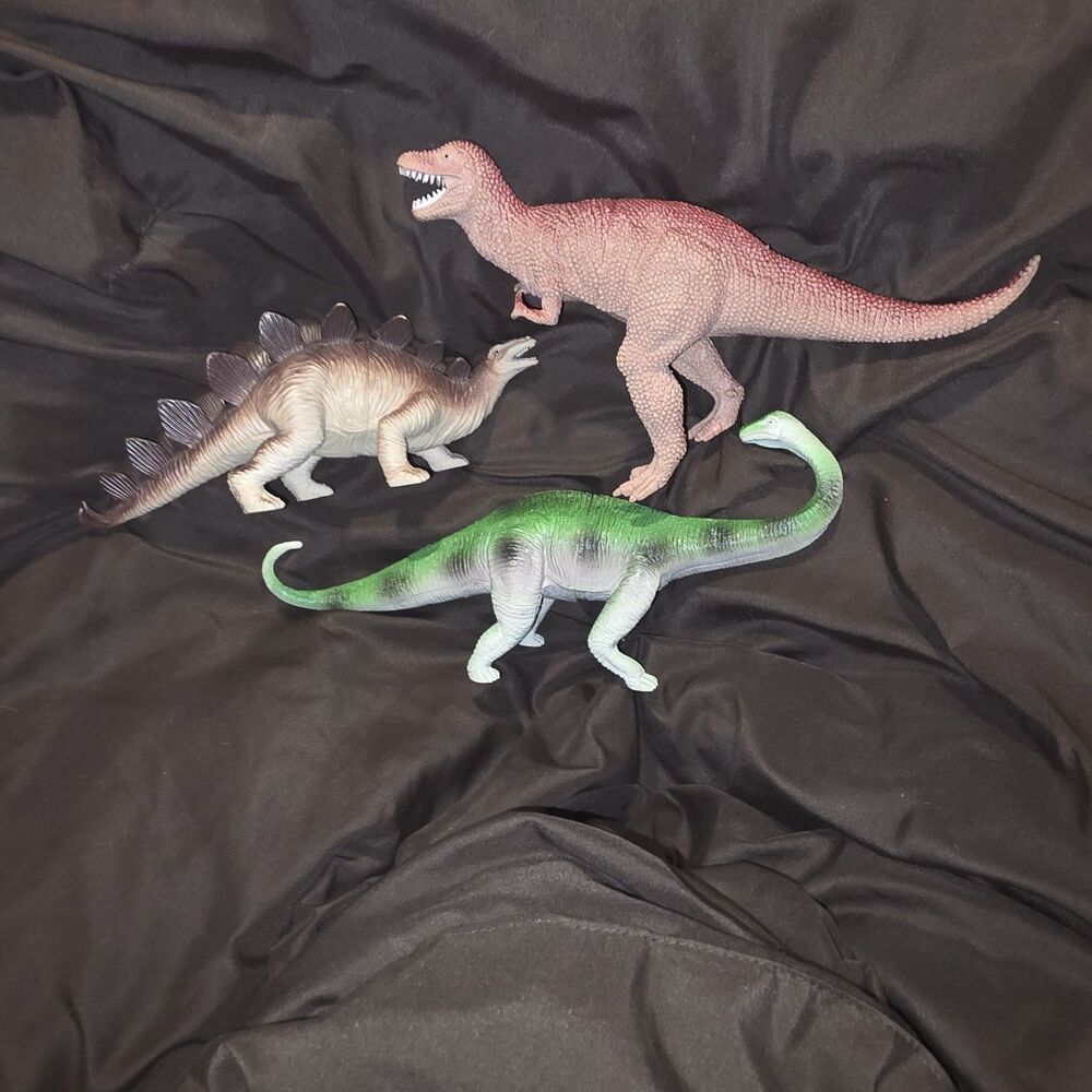 3pc Large Dinosaur Toy Figure Lot T-Rex Stegosaurus Long Neck Realistic Plastic